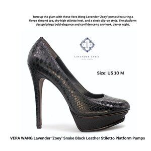 VERA WANG Lavender ‘Zoey’ Snake Black Leather Stiletto Platform Pumps: Size 10 M